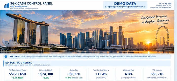 SGX Cash Control Panel morning newsletter showing the Singapore hero and key portfolio metrics